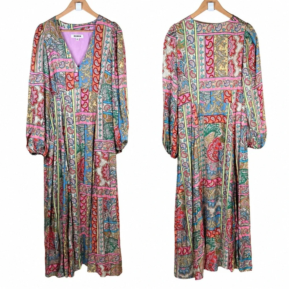 Boden Blouson Maxi Tea Dress Women 14 Pink Paisley Silk Blend‎ Flowy Cottagecore